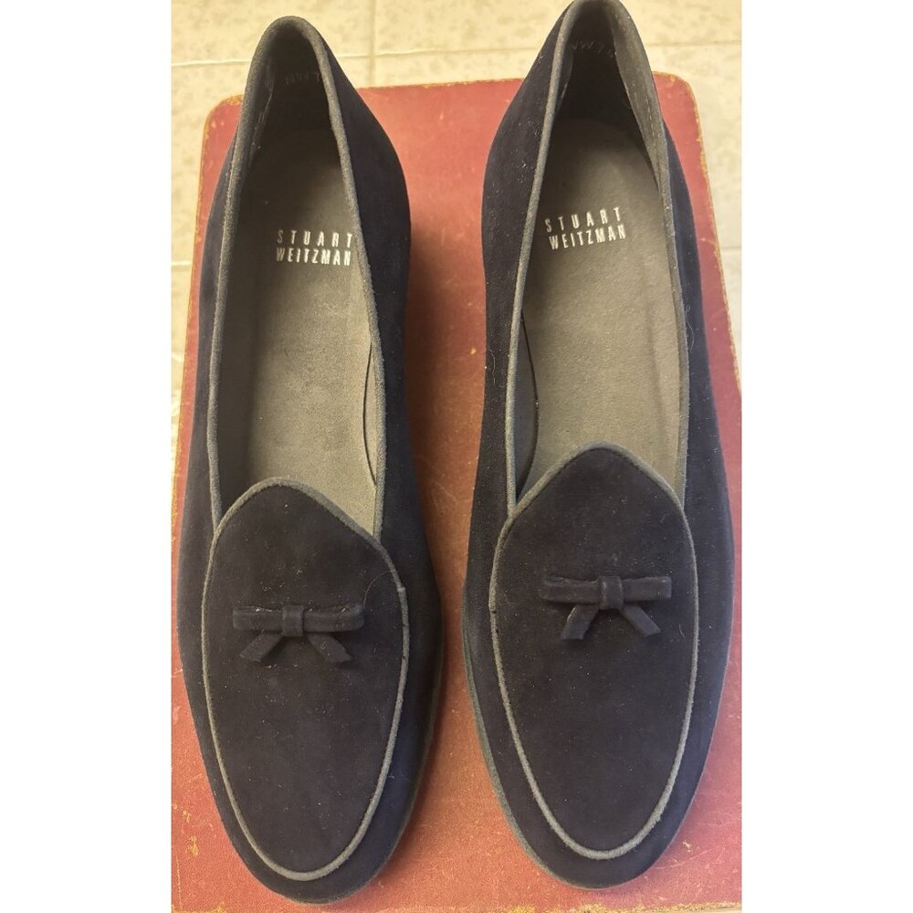 Stuart Weitzman Navy Suede Loafers with Bow